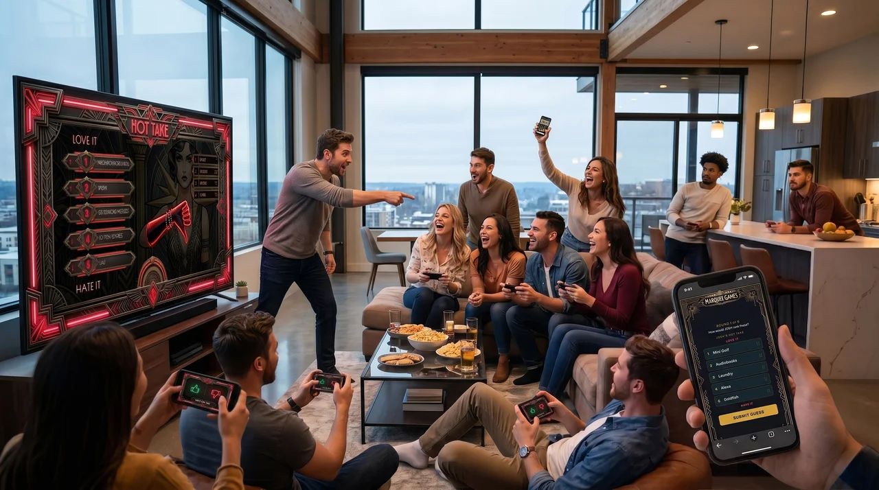 Hot Take party game on a living room TV