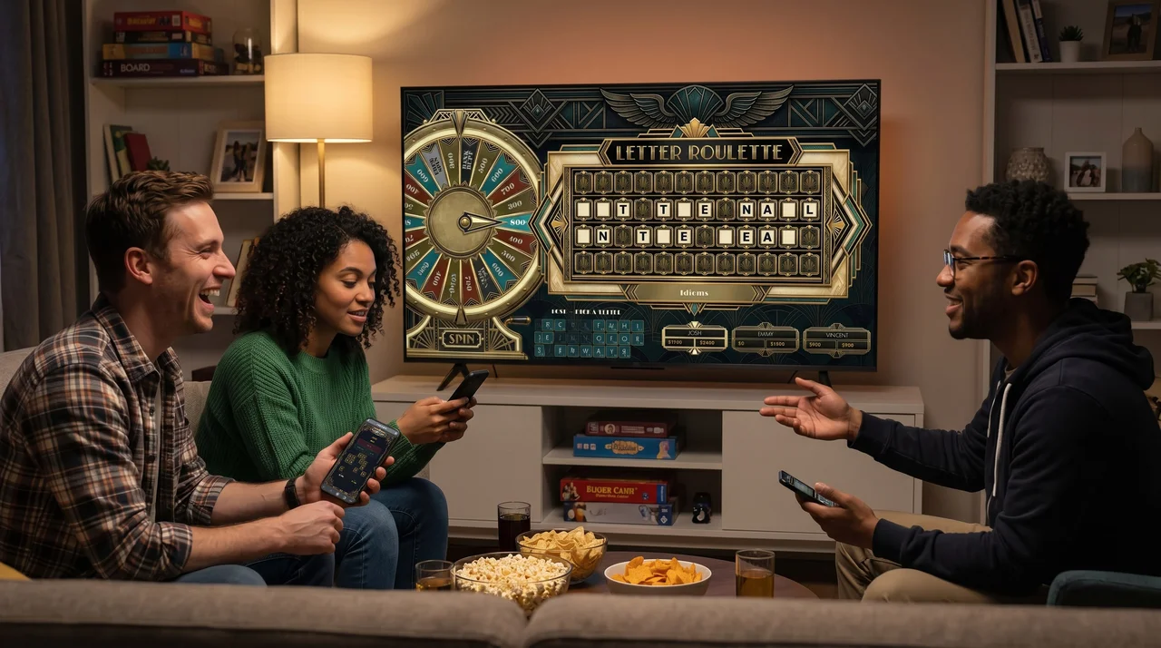 Letter Roulette party game on a living room TV